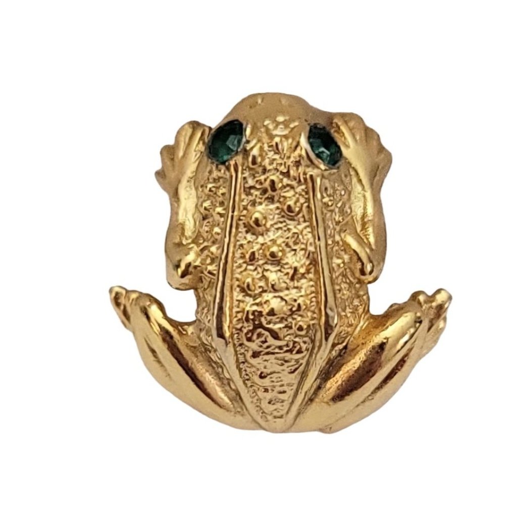 Napier Gold Tone Vintage Green Rhinestone Eye Frog Pin, Signed K751